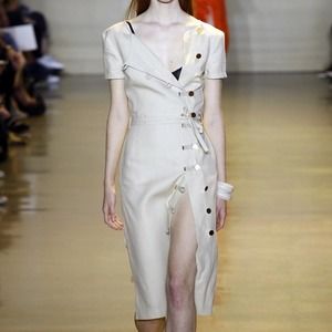 Altuzarra Women's 100% Linen Kyoto Short Sleeve Button Midi Dress in Straw 8